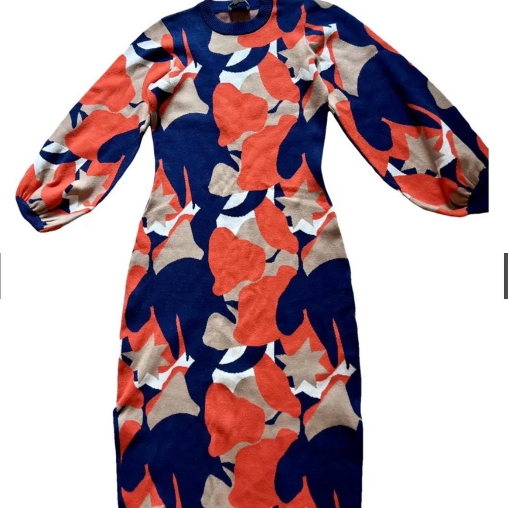 Never Fully Dressed Knit Midi Dress L  Floral Navy Orange Long Sleeve Bodycon - Picture 3 of 4